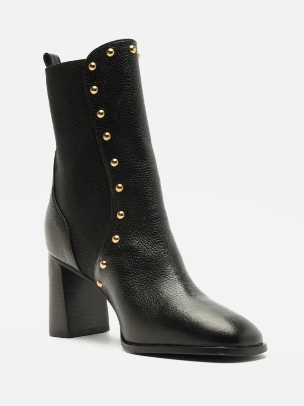 Black Leather Studded Block Heel Ankle Boots